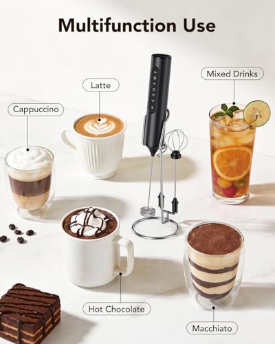 3-in-1 Electric Milk Frother with Stand, Rechargeable LED Display & 3 Speeds - Portable Whisk for Coffee, Protein Shakes, Baking - Makes Latte, Cappuccino, Matcha Foam -Blk (Rechargeable with stand)