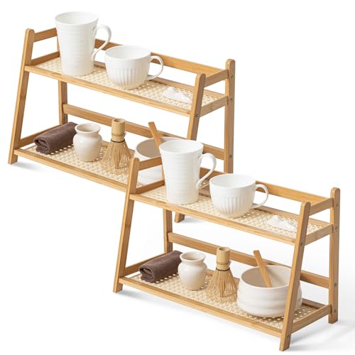 2 Pcs 17.7 Inch 2 Tier Matcha Station Shelf Bamboo Coffee Mug Stand Countertop Storage Rack (2 Count)