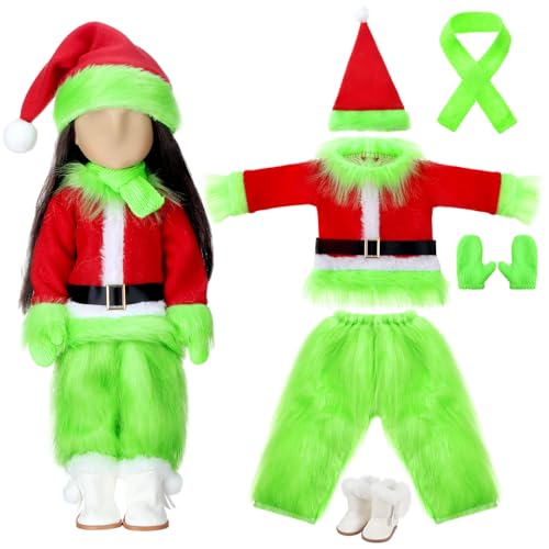 8 Pcs 18 Inch Christmas Doll Clothes and Accessories Lime Green Winter Outfits Set Sweaters Trousers Hats Shoes for 18 Inch Doll Gifts (8 Count)