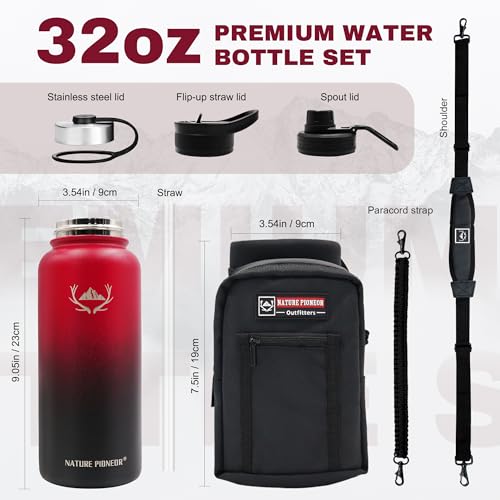 32 oz Insulated Water Bottle with Carrier Bag & 3 Lids