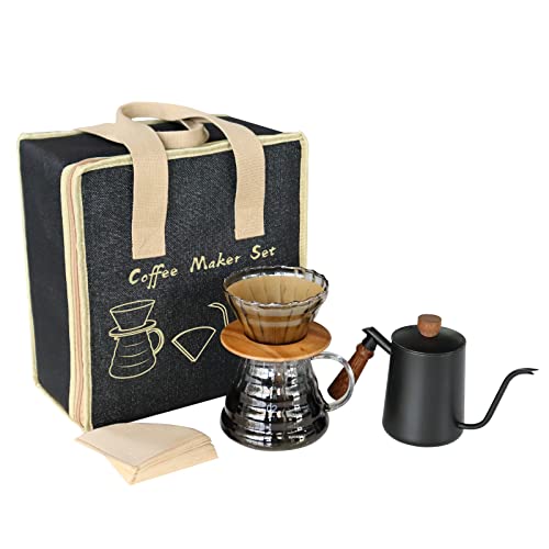 Pour Over Coffee Maker Set with Black Gooseneck Kettle Wooden Storage Tray Coffee Dripper Glass Server Coffee Scoop DIY Manual Coffee Maker Set