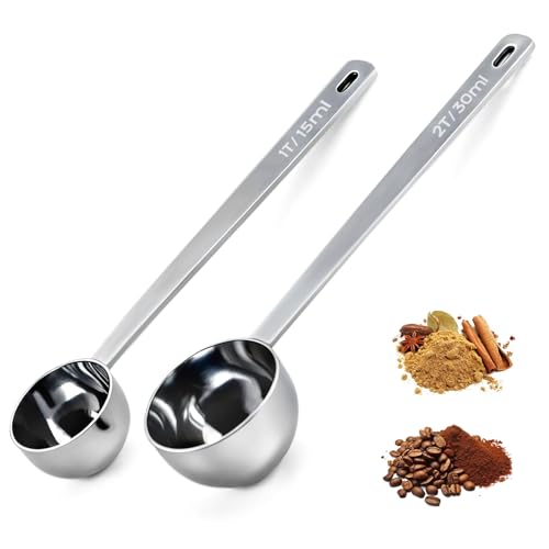 2PCS Coffee Scoop for Ground Coffee Stainless Steel Measuring Spoons Long Handle 30ml 6.4in and 15ml 5.7in Set for Deep Jars Beans Protein Powder Flour
