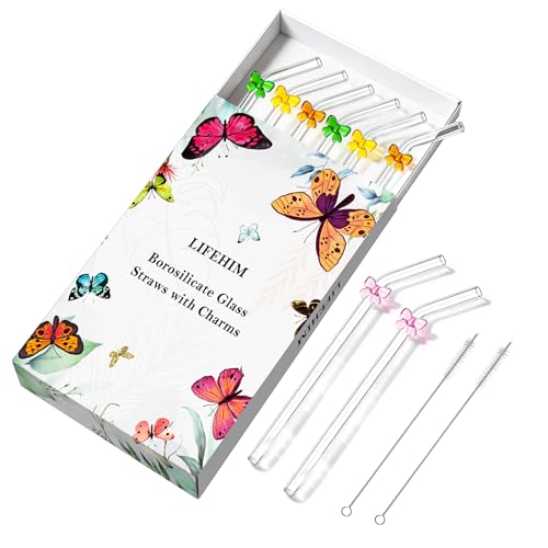8pack Multicolor Bow Borosilicate Glass Straws with Charms (10 Count)