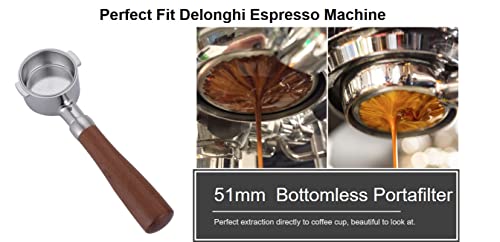 51mm Bottomless Portafilter Compatible with DeLonghi Espresso Machine Stainless Steel 51mm Portafilter 2 Ear for ECP3420