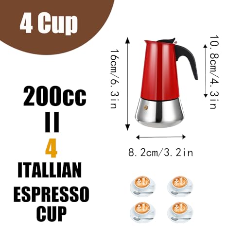 4 Cup Stovetop Espresso Maker Stainless Steel Moka Pot Stove Top Percolator Italian Coffee Makers Capable Mocha Greca Machine Cafe Classic Induction Cookers for Home and Camping 200ml 6.6oz