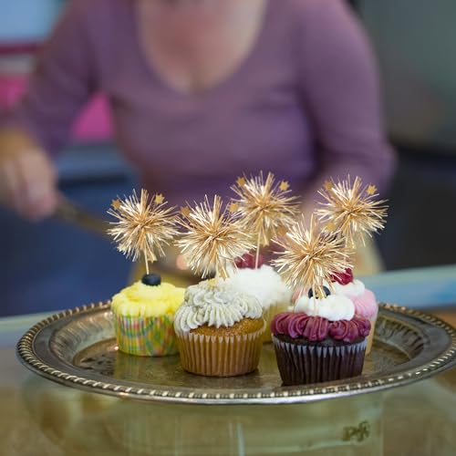 30Pcs Foil Firework Cupcake Toppers Happy Birthday Cake Toppers Sparkle Tinsel Flower Drink Stirrers Cocktail Food Fruit Toothpicks for Valentine's Day Party Supplies Gold (20 Count)