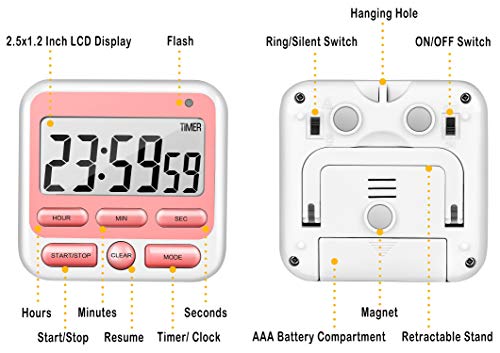 4-in-1 Digital Timer with Count Up/Down, Clock & Alarm, Ring & Silent Modes
