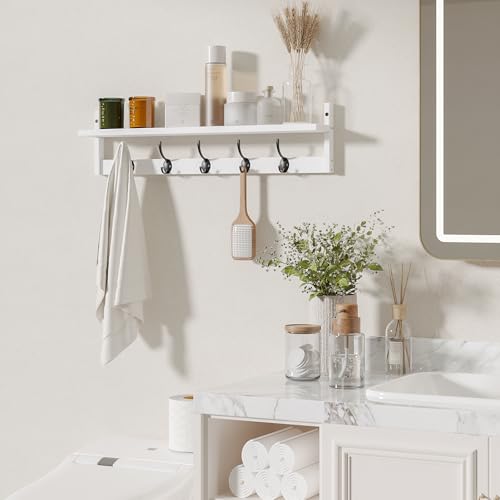 Wall Mounted Wood Shelf with 5 Dual Hooks for Bathroom