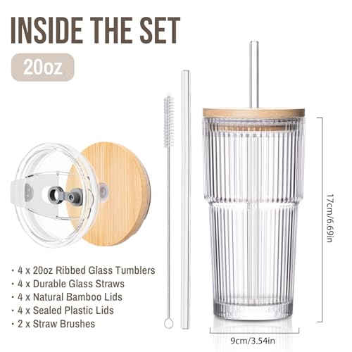 20oz Ribbed Glass Tumbler with bamboo Lid and Straw