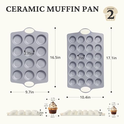 2 Pack 12 Cup and Mini 24 Cup Non Toxic Nonstick Ceramic Muffin Pan & Cupcake Tin (2 Count)