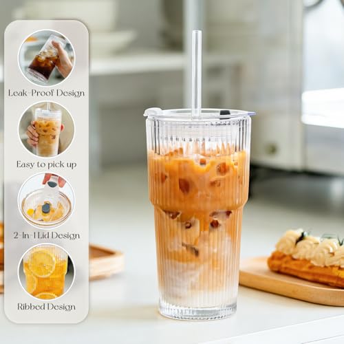 20oz Ribbed glass cups with lids and straws