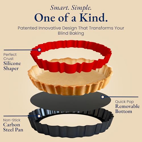 Fluted Tart Pan 9 Inch Removable Bottom with Patented Silicone Crust Shaper