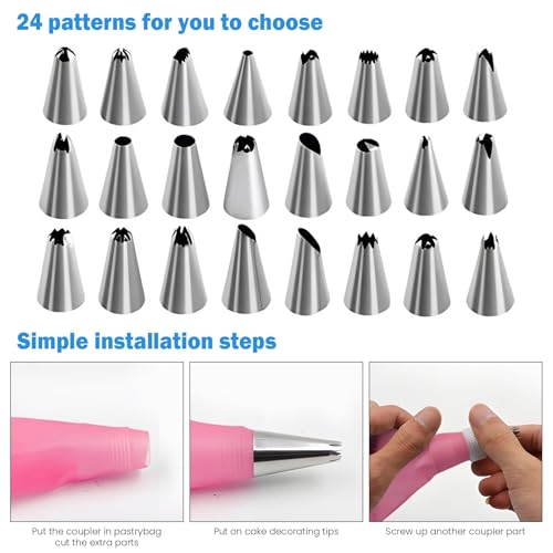 Cake Decorating Kit; 83 Pieces; Pink; Flower Opening; Silicone & Stainless Steel Piping Tips