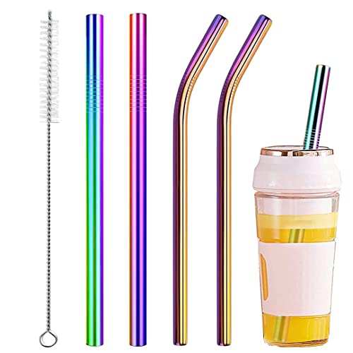4 Pcs Rainbow 0.4" Wide Bore Reusable Stainless Steel Smoothie Straw (4 Count)