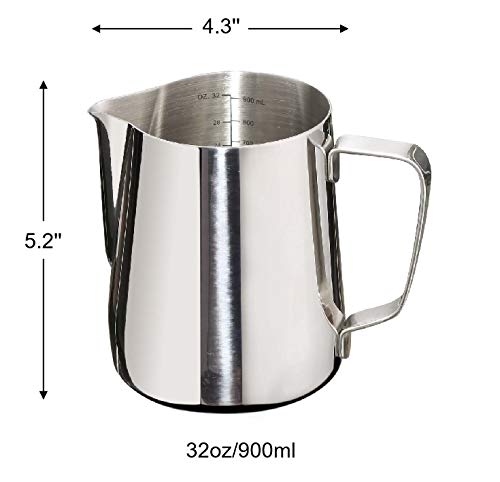 Frothing Pitcher 32oz Stainless Steel Cup with Double Measurement Scale Perfect for Latte Art Milk Frother Cup 32oz SUS304 Stainless Steel Milk FrotherPitcher Steaming Pitcher 900ML