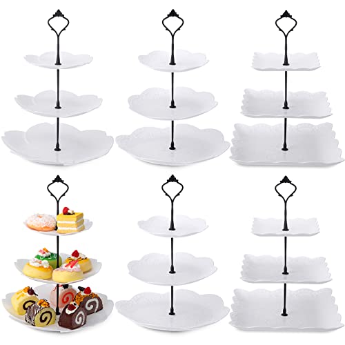 6 Pack 3 Tiered Serving Tray White Plastic Dessert Tower