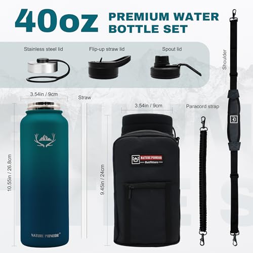 40 oz Insulated Water Bottle with Carrier Bag & 3 Lids