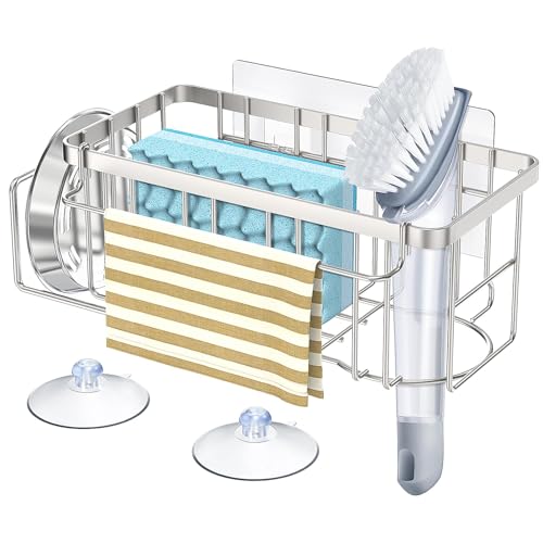 4-in-1 Sponge Holder for Kitchen Sink, Sink Caddy Organizers, Silver