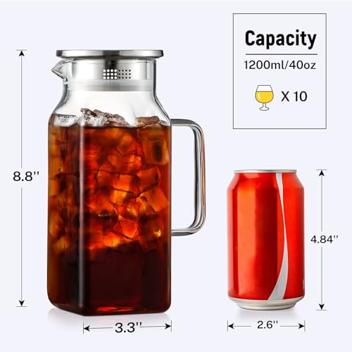 40 oz 1.2Liter Square Glass Pitcher with Lid and Spout