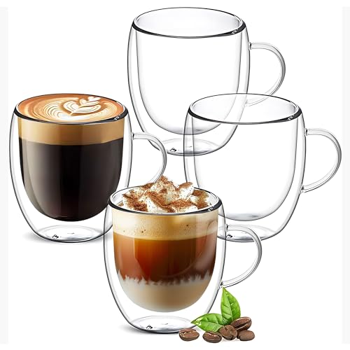 Set of 4 Double Walled Glass Coffee Mugs 3 Ounces Insulated Layer Coffee Cups with Handle Borosilicate Glass Espresso Cup for Hot Beverage (4 Count)