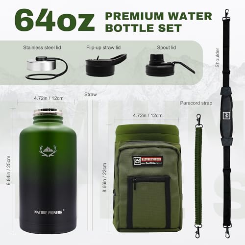 64 oz Insulated Water Bottle with Carrier Bag & 3 Lids