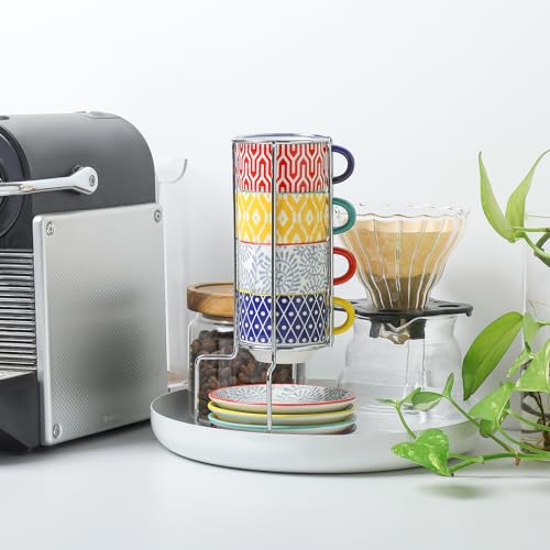 Ceramic Cappuccino Cups with Saucers and Metal Stand (4 Count)