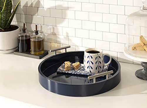 Lipton Modern Round Tray; 15.5 Diameter; Navy and Silver; Decorative Accent Tray for Storage and Display