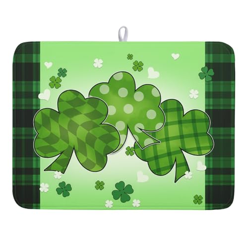St Patricks Day Shamrocks Lucky Clovers Dish Drying Mat for Kitchen Counter St Patrick's Day Decorative Drying Pad 18x24 Inch Irish Green Buffalo Check Plaid Drying Dish Mats for Countertop Coffee Bar