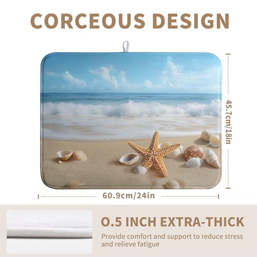 Summer Ocean Beach Blue Dish Drying Mat Sea Shell Starfish Large Kitchen Mat Dish Drying Pad Absorbent Dish Dryer Mat for Kitchen Countertops Microfiber Drainer Pad Dish Drying Rack Mat
