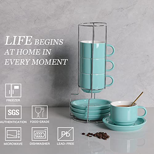 Sweejar Porcelain Cappuccino Cups with Saucers and Metal Stand (4 Count)