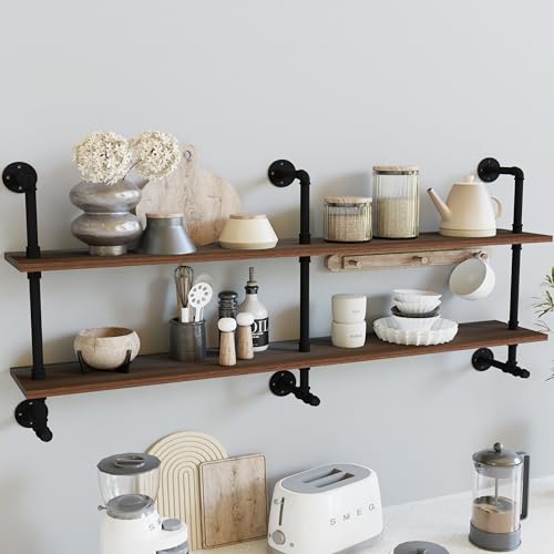 Industrial Pipe Wall Shelves Pipe Shelving with Real Wood Plank 70 Inches (2 Count)