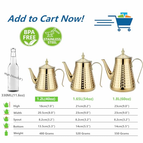 1.2L(40oz) Stainless Steel Hammer Patterned Teapot With Removeable Infuser,Loose leaf cover,Gold