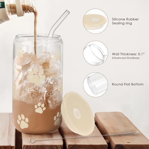 Paw Print 16oz Can Glass Tumbler with Acrylic Lid & Straw