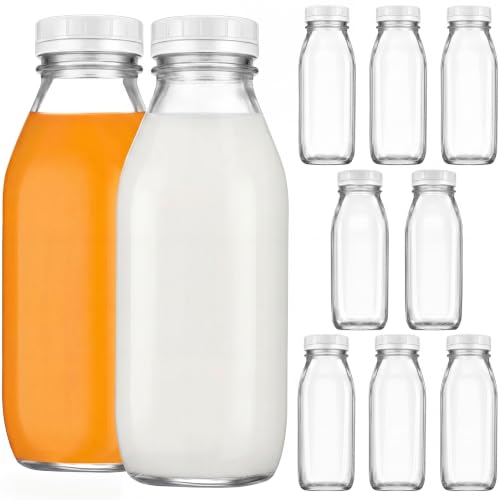 10 Pack 16 oz Glass Milk Bottles with Lids (10 Count)