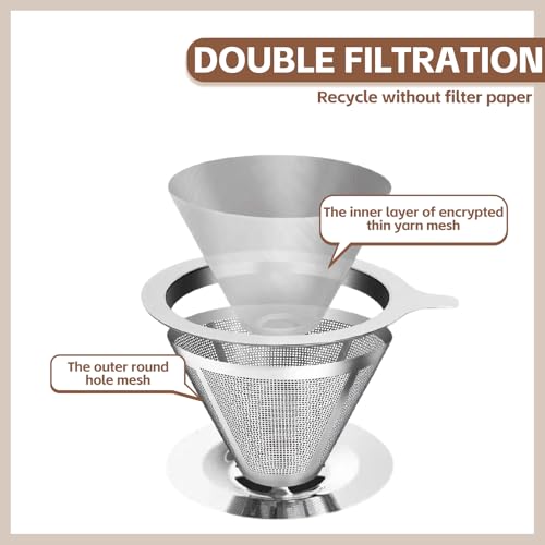 Pour Over Coffee Dripper Stainless Steel Coffee Filter Metal Cone Filter Extra Fine Wire Mesh Reusable Coffee Filter Coffee Maker (2 Count)