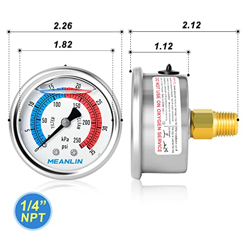 1/4" NPT 0-35psi Pressure Gauge, 2" Dial Glycerine Filled Pool Filter, 304 Stainless Steel Housing, Back Mount, with 1/2" NPT and 3/8" NPT Hex Bushing