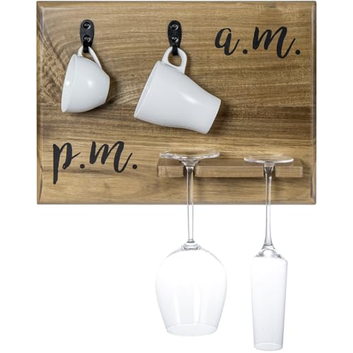 Premium Solid Acacia Wood Wall Mounted Mug and Wine Glass Holder Rack