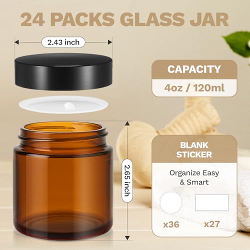 24 Pack 4 oz Amber Glass Jars with Lids (24 Count)