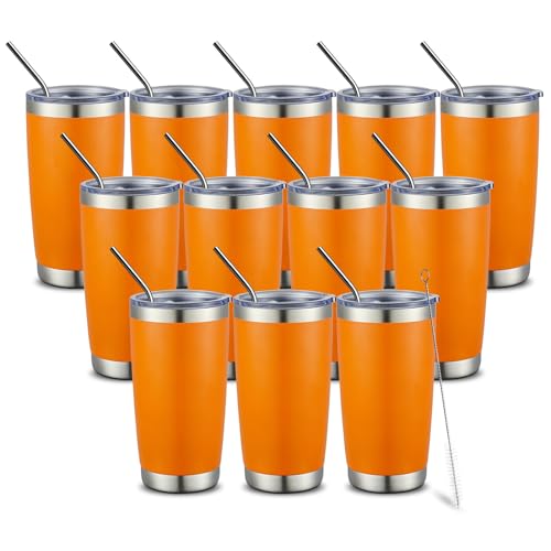 20oz Double Wall Vacuum Insulated Travel Mug Bulk Stainless Steel Tumbler with Lid and Straw Durable Powder Coated Insulated Coffee Cup for Cold & Hot Drinks (12 Count)