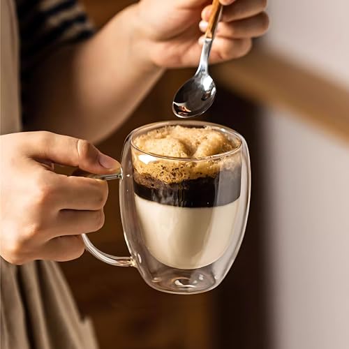 12 Ounces Set of 2 Double Walled Glass Coffee Mugs with Handle Insulated Layer Coffee Cups Borosilicate Glass Espresso Double Insulated Clear Glass Coffee Mug for Hot Beverages (2 Count)