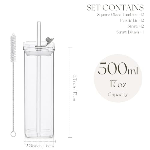 12 Sets Square Drinking Glass Cups with Lids & Straws