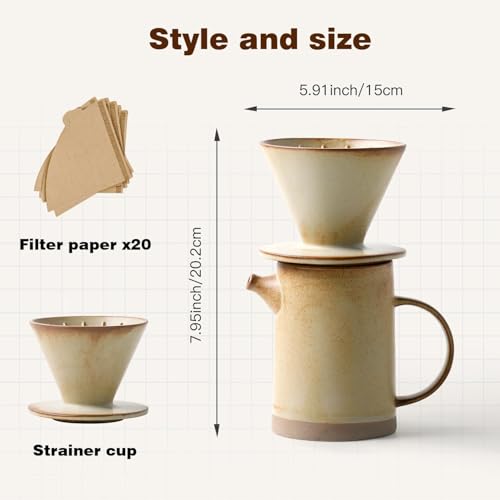 Pour Over Coffee Maker Set Vintage Ceramic Pour Over Coffee Dripper Set with 20 Count Paper Coffee Filters