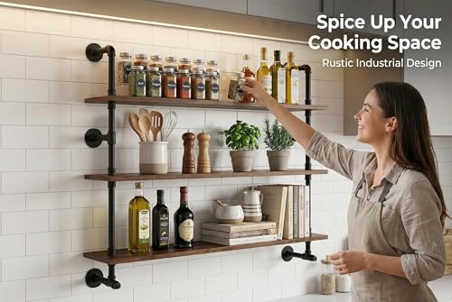 Industrial Pipe Wall Shelves Pipe Shelving with Real Wood Plank 48 Inches