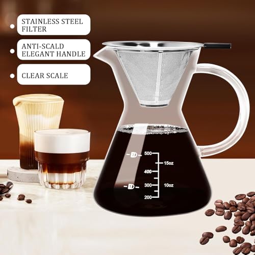 17oz 500ML Glass Pour Over Coffee Maker & Stainless Filter