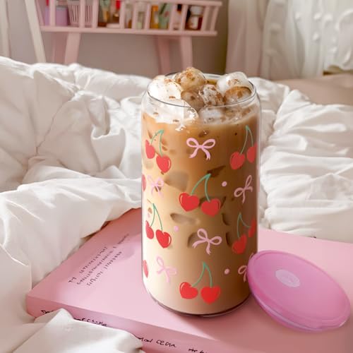 Cherry 16 Oz Can Glass Tumbler with Acrylic Lid and Straw