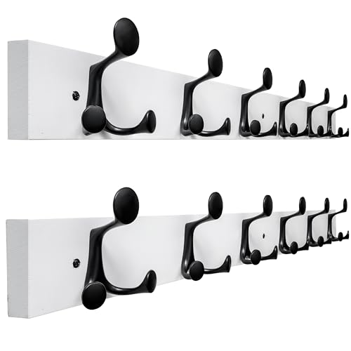 36 Inch White Wood Coat Rack Wall Mount with 6 Triple Hooks (2 Count)
