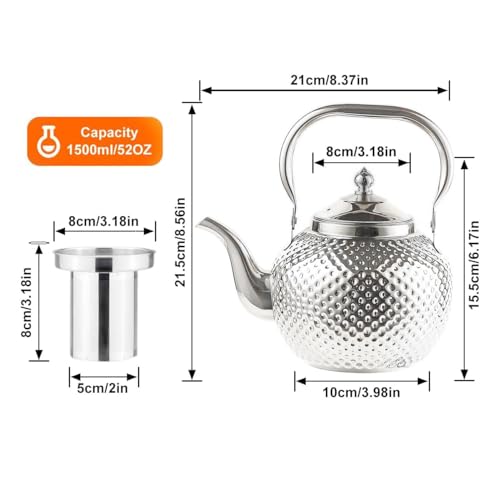 1500ml Teapot with Infuser Stainless Steel Lifting Handle Tea Maker Silver
