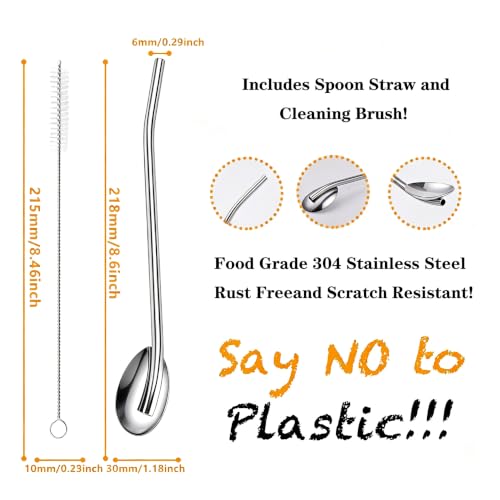 8pcs 2 in 1 Stainless Steel Straws Spoons with 2pcs Cleaning Brushes