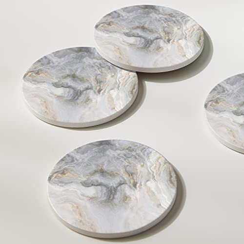 Set of 6 Abstract Gray White Marble Coasters with Holder (6 Count)