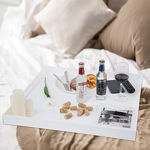 24×24 Inch Golssy White Acrylic Serving Tray with Handles Extra Large Ottoman Tray Decorative Tray Spill